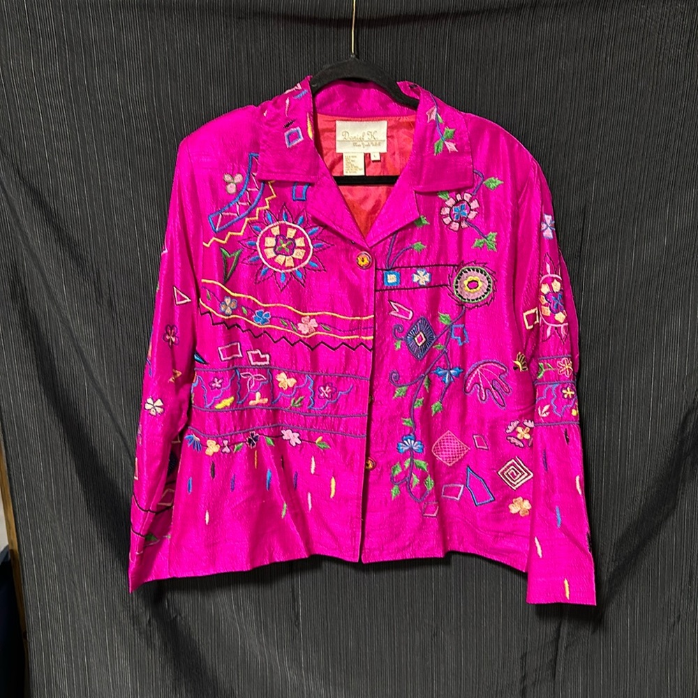 Daniel K. colorful pink lined Aztec embroidered‎ button-up / Size L / V-13
